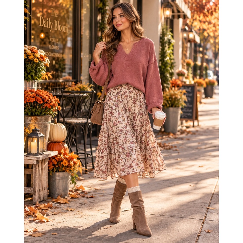 Women One Size Rose Pink Cropped Boxy V Neck Knit Sweater Boho Cozy Fall